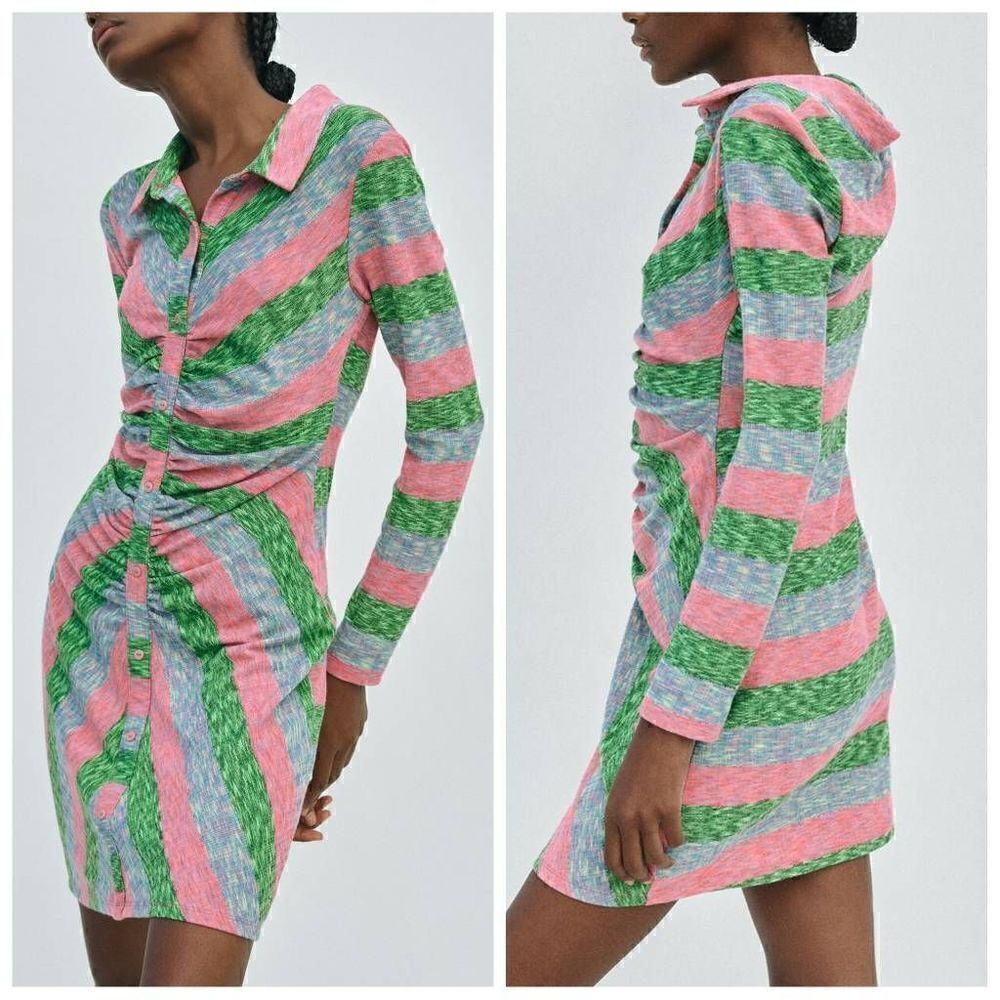 Zara Collared Shirt Dress With Ruching Multicolor Striped Size Small